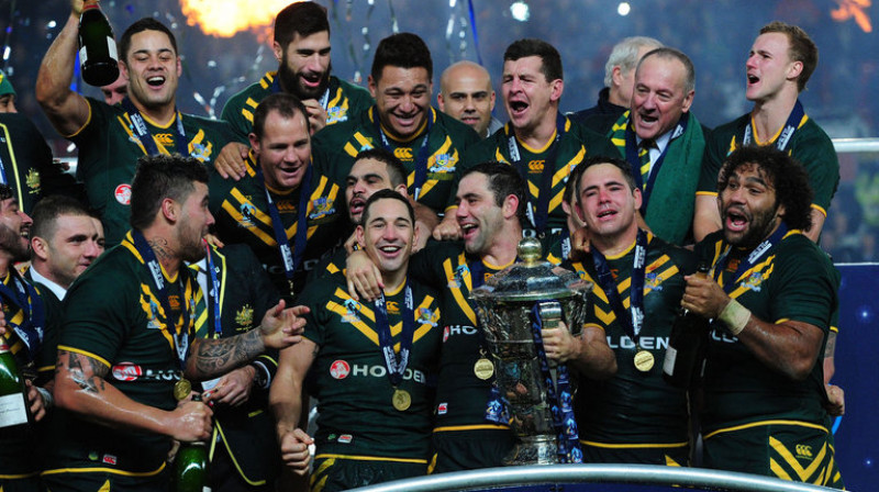 Austrālijas regbija līgas izlase svinot uzvaru 2013. gada Pasaules kausā.
Foto: AFP/Scanpix
