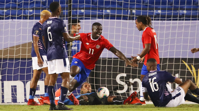 Kostarikas futbola izlase gūst vārtus spēlē pret Beermudu. Foto: Kevin Jairaj/USA Today Sports/Scanpix