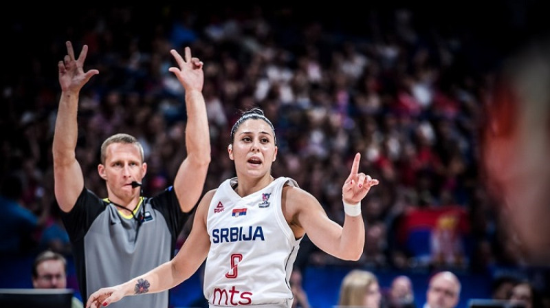 Latvijas tiesnesis Mārtiņš Kozlovskis un Serbijas spēlētāja Saša Čado. Foto: FIBA