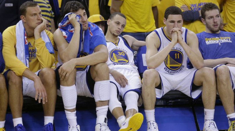 Andris Biedriņš, Endrjū Boguts, Stefens Karijs, Klejs Tompsons un Deivids Lī "Warriors" sastāvā 2013. gadā. Foto: AP/Scanpix