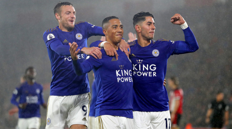 "Leicester" futbolisti svin vārtu guvumu. Foto: Andrew Matthews/PA Wire/PA Images/Scanpix