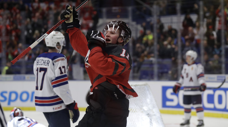 Kanādas U20 izlases uzvaras vārtu guvējs Aleksiss Lafrenjērs. Foto: Petr David Josek/AP/Scanpix