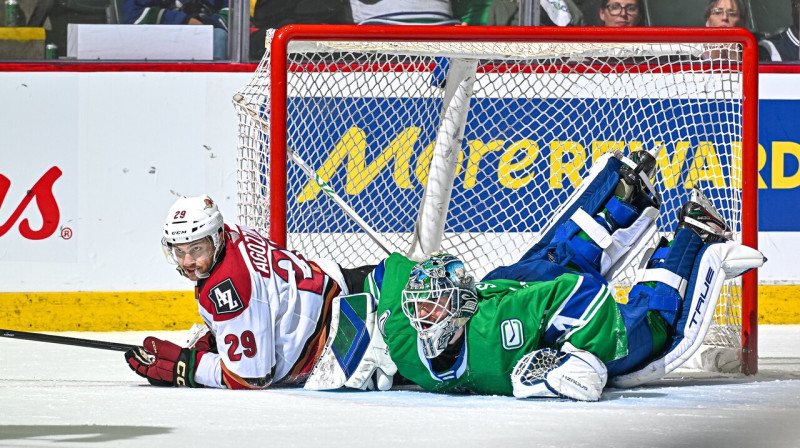 Artūrs Šilovs cīņā pret Tūsonas "Roadrunners". Foto: Abbotsford Canucks