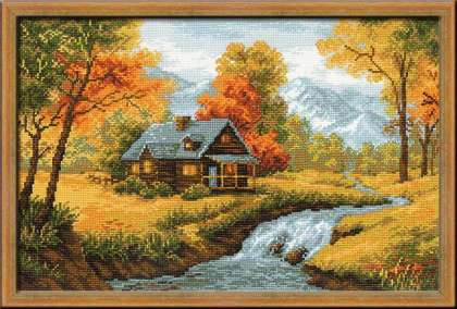 Izšūta glezna ar rudenīgu dabas skatu