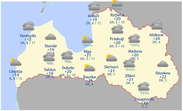 Laika prognoze šodienai - 9. augustam
