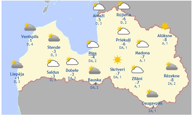 Laika prognoze šodienai - 25. janvārim