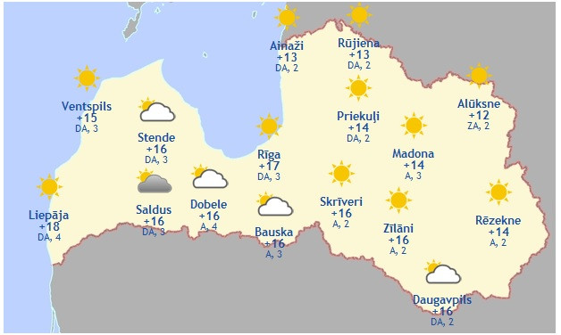 Laika prognoze šodienai - 13. maijam