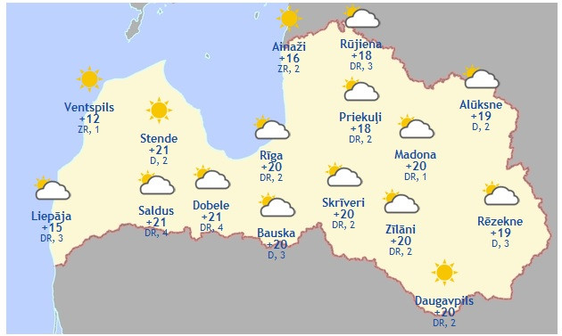 Laika prognoze šodienai - 14. maijam