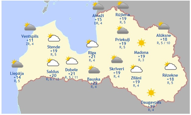 Laika prognoze šodienai - 25. maijam