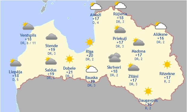 Laika prognoze šodienai - 29. augustam