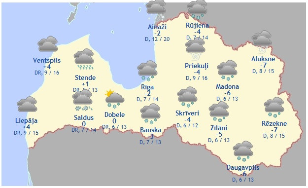 Laika prognoze šodienai, 24. janvārim