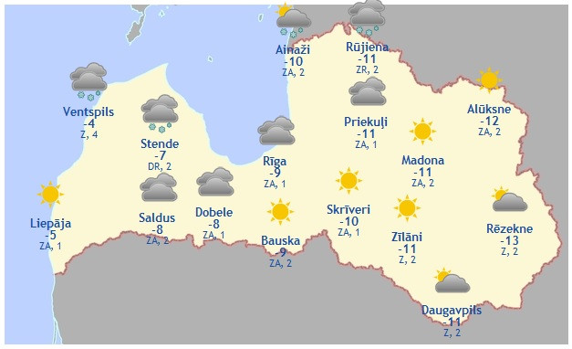 Laika prognoze šodienai, 26. februārim