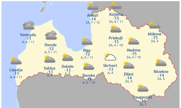 Laika prognoze šodienai, 27. februārim