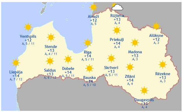 Laika prognoze šodienai, 13. aprīlim