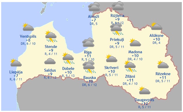 Laika prognoze šodienai, 27. aprīlim