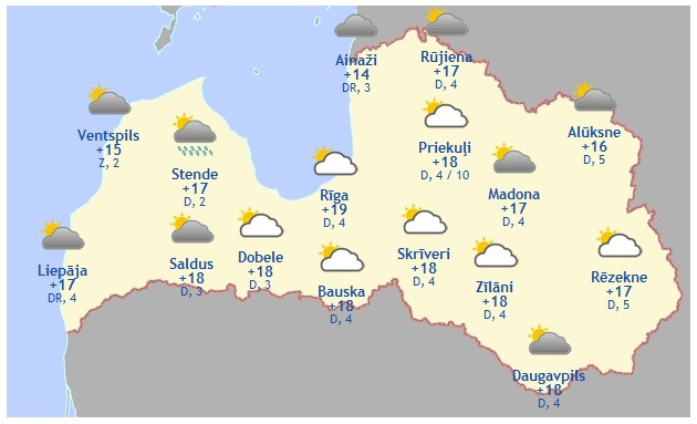 Laika prognoze šodienai, 29. aprīlim