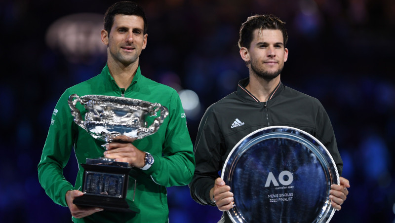 Džokovičs piecu setu mačā pret Tīmu turpina perfekto sēriju "Australian Open" finālos